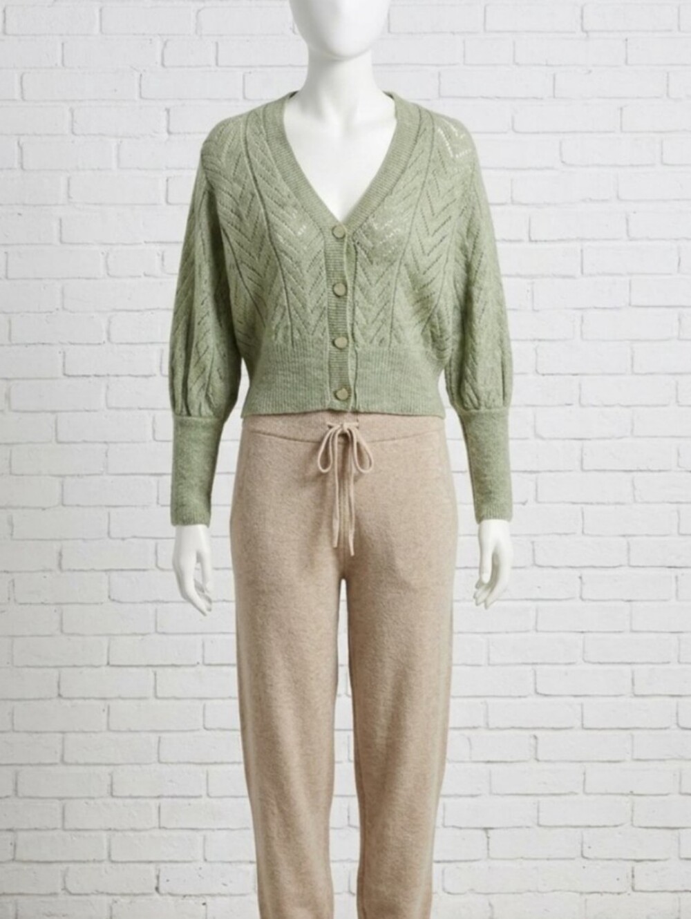Romantic French Girl Aesthetic Sage Pointelle Knit Sweater Cardigan (Sézane Styl